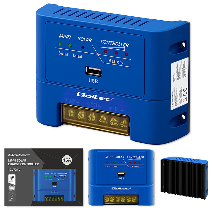 Regulator solarny Mppt 15A 12V 24V Agm Usb do paneli i instalacji Pv