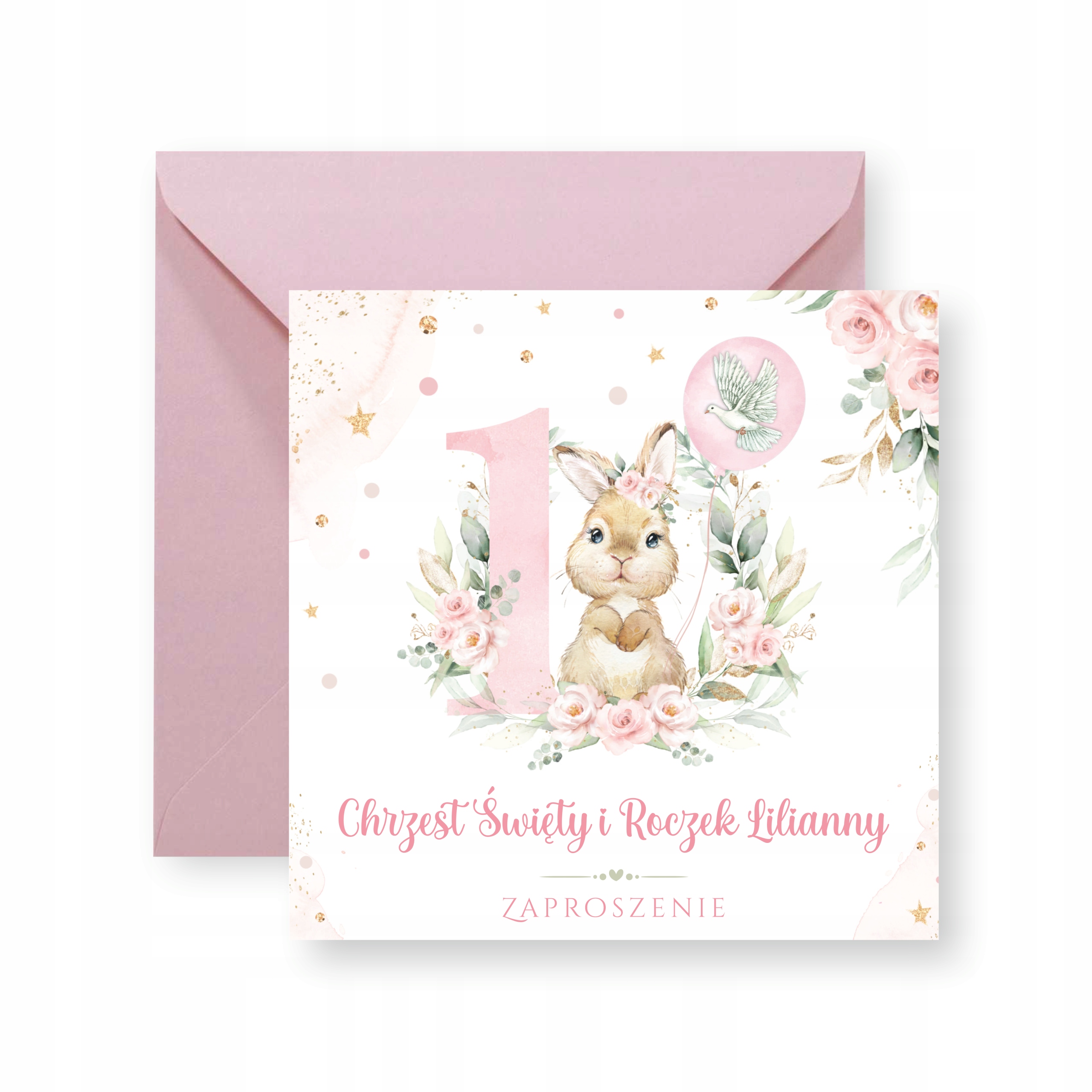 ZAPROSZENIA NA CHRZEST I ROCZEK SŁODKI KRÓLICZEK KOPERTA RÓŻOWA