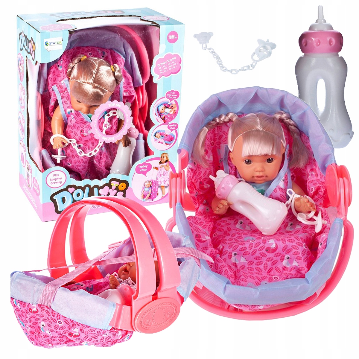 INTERAKTYWNA lalka BOBAS w nosidełku SIUSIA GAWORZY ŚMIEJE Butelka Smoczek Baterie 3x AG13