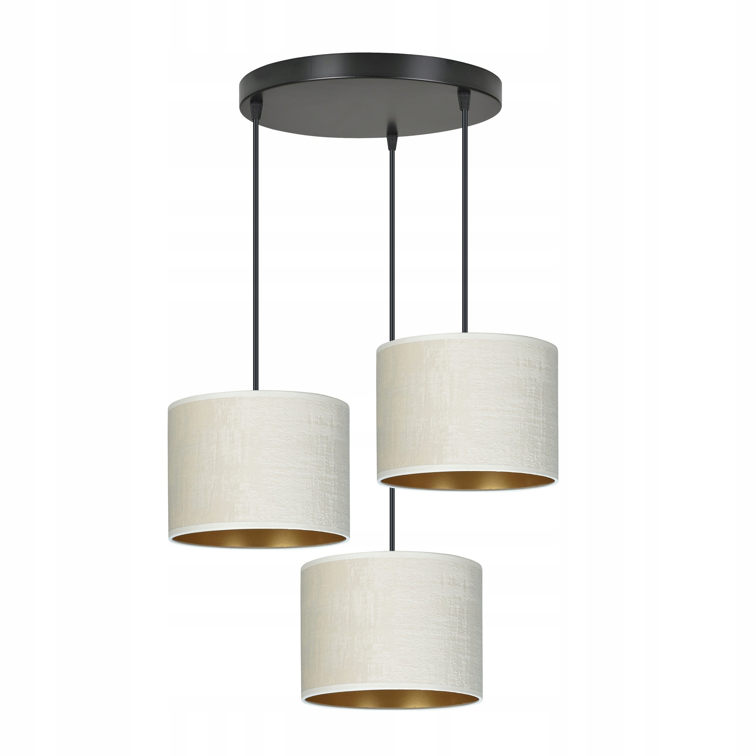 Závesná stropná lampa Hilde 3 s bielym velúrom a zlatým tienidlom vo vnútri obývacej izby
