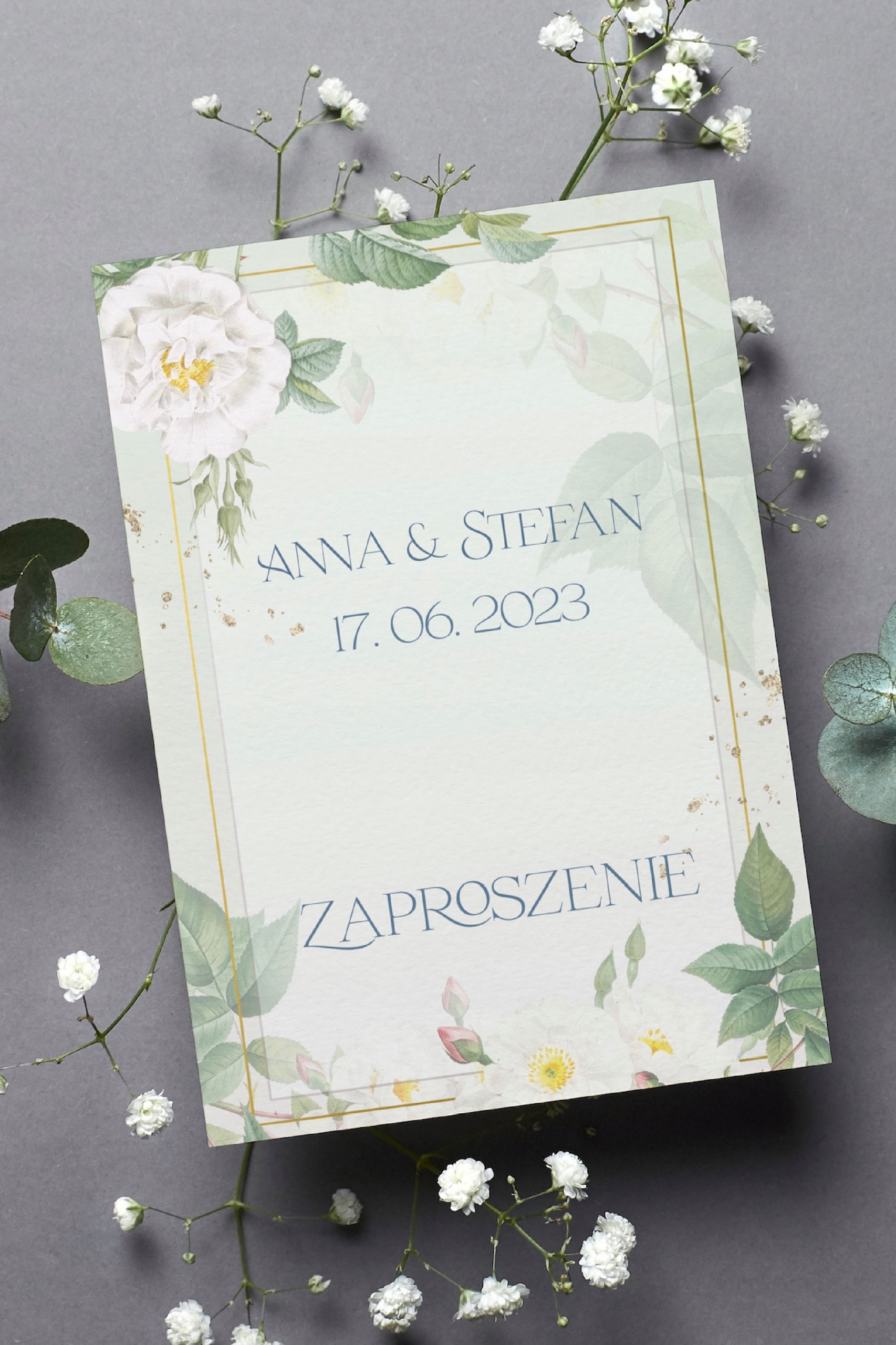 Zaproszenia jednokartkowe 15x10cm. 30 szt. Białe dzikie róże i ramka