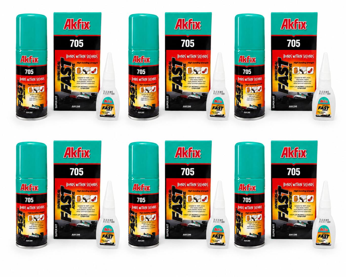 6 x Akfix 705 Kyanoakrylátové lepidlo s aktivátorem 100 ml 25 g