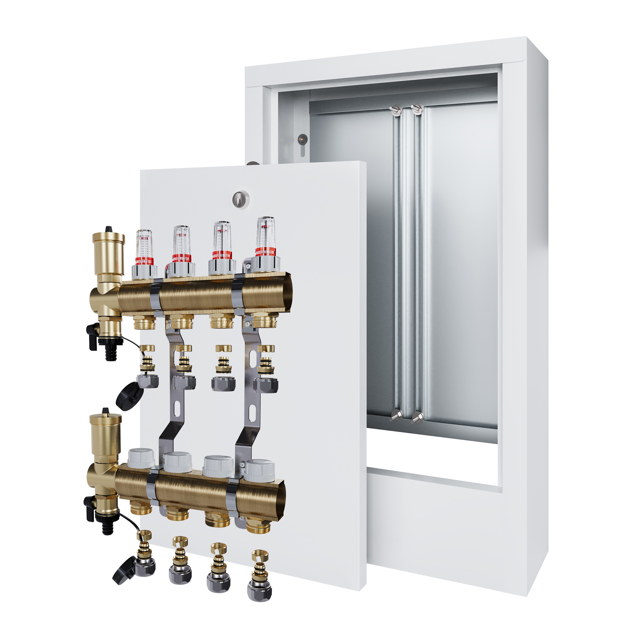 Rozdělovač pro podlahu se 4 podlahovými topeními a nástěnnou schránkou Pex