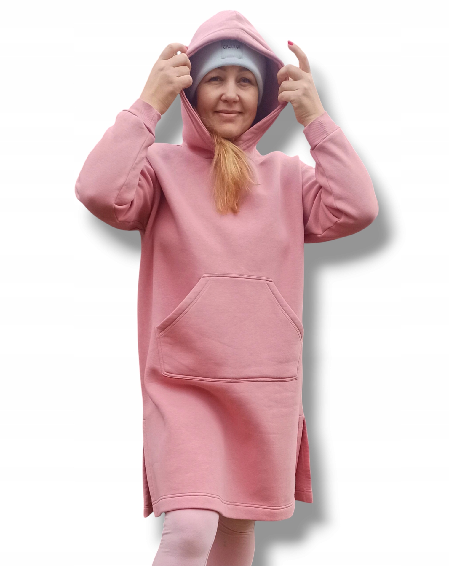 Mikina šaty sukně s kapucí dlouhá s rozparky starorůžová bavlna L