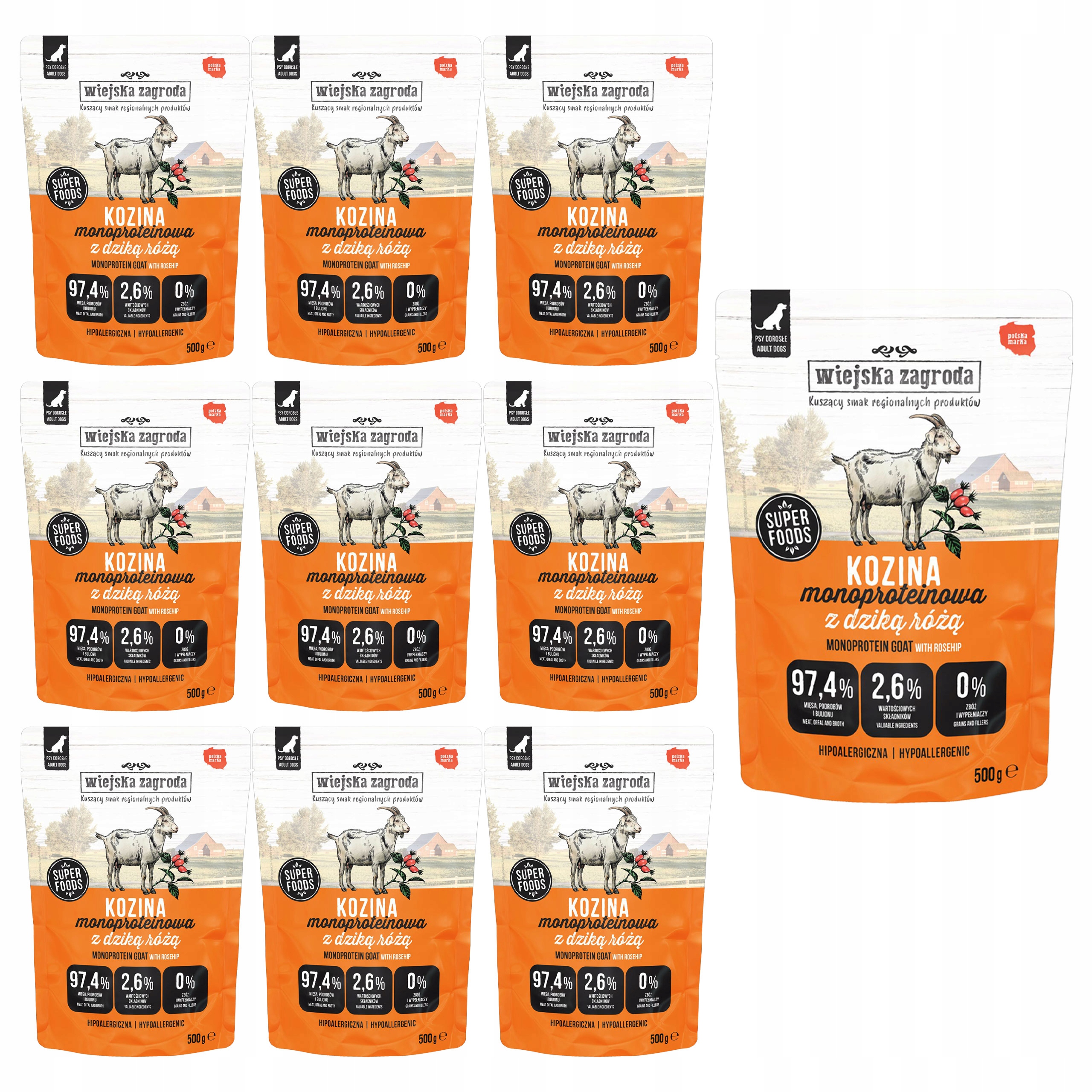 Wiejska Zagroda Mono vlhké krmivo pro psy Kozina s divokou růží 10 x 500 g