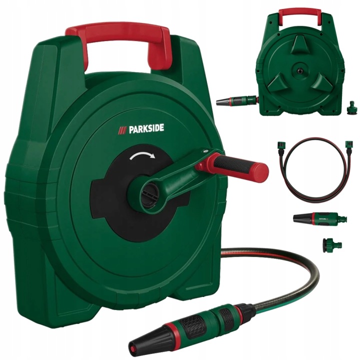 Wąż ogrodowy z bębnem zwijany Parkside 10 metrów akcesoria