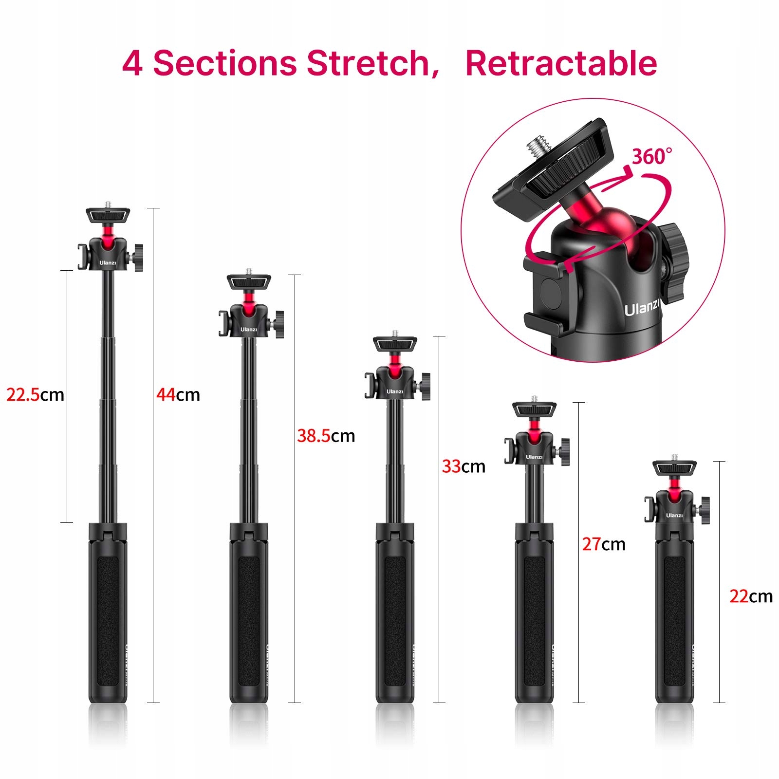 UURIG MT-16 Statyw Rozsuwany 4 Poziomy Mini Statyw 360° Metalowa Głowica — miniatura 3