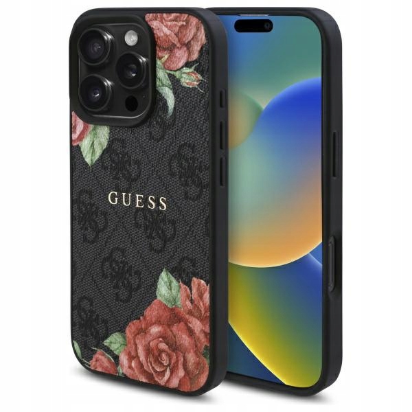 Pouzdro Guess pro iPhone 16 Pro 6.3" černé 4G Flowers Print MagSafe