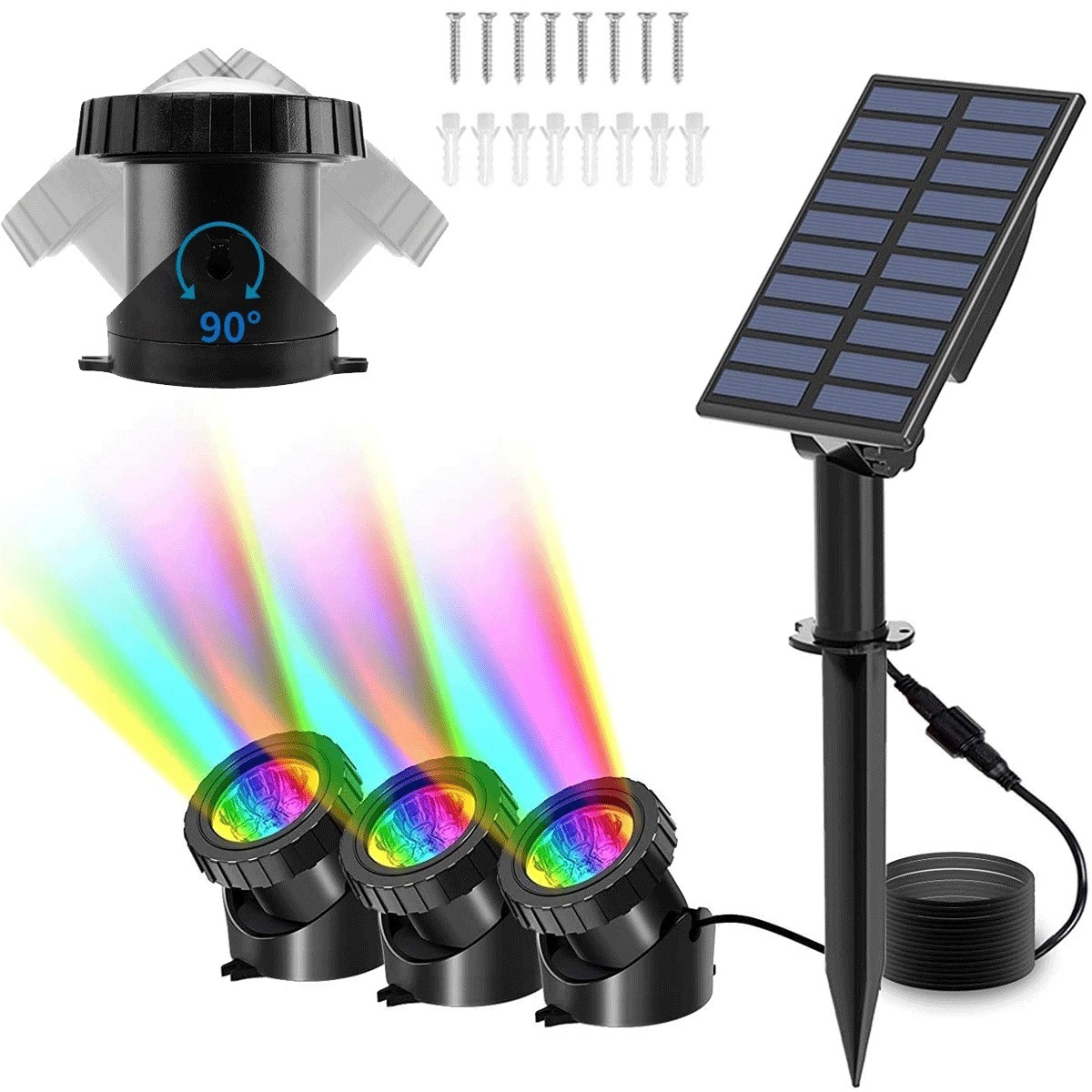 3 Rgb solární lampy IP68 s nastavitelným úhlem, do bazénu a zahradu, černé