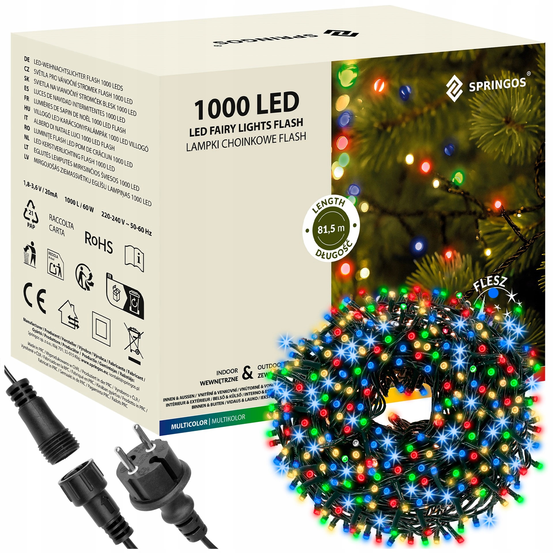 Vánoční Osvětlení Na Stromeček 1000 Led Venkovní Stálé Světlo Flash IP44 Multicolor