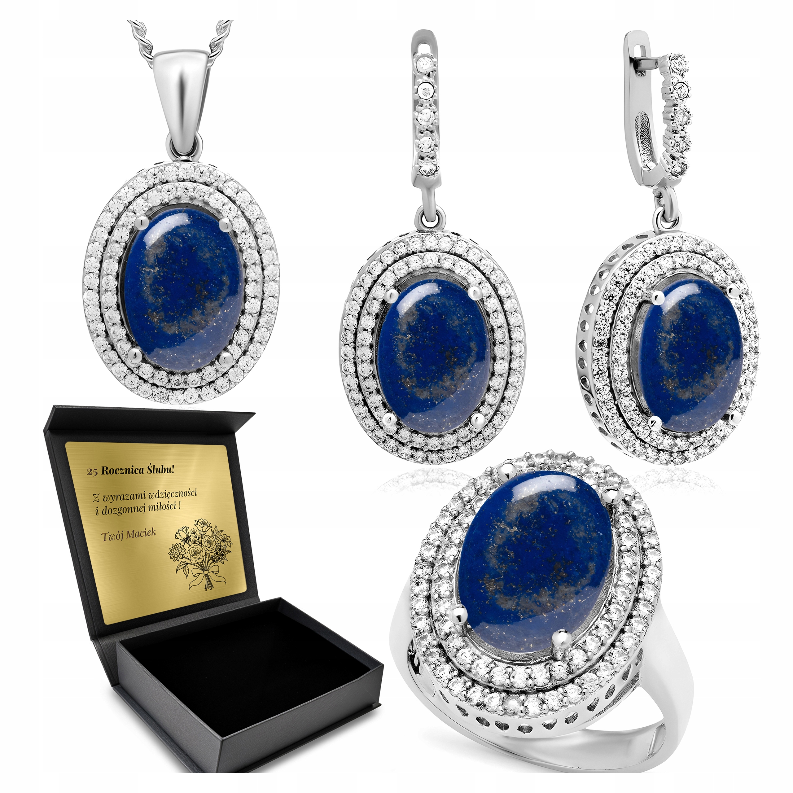 Komplet Stříbrných Šperků 925 Zirkony A Lapis Lazuli pro ženy Gravírování