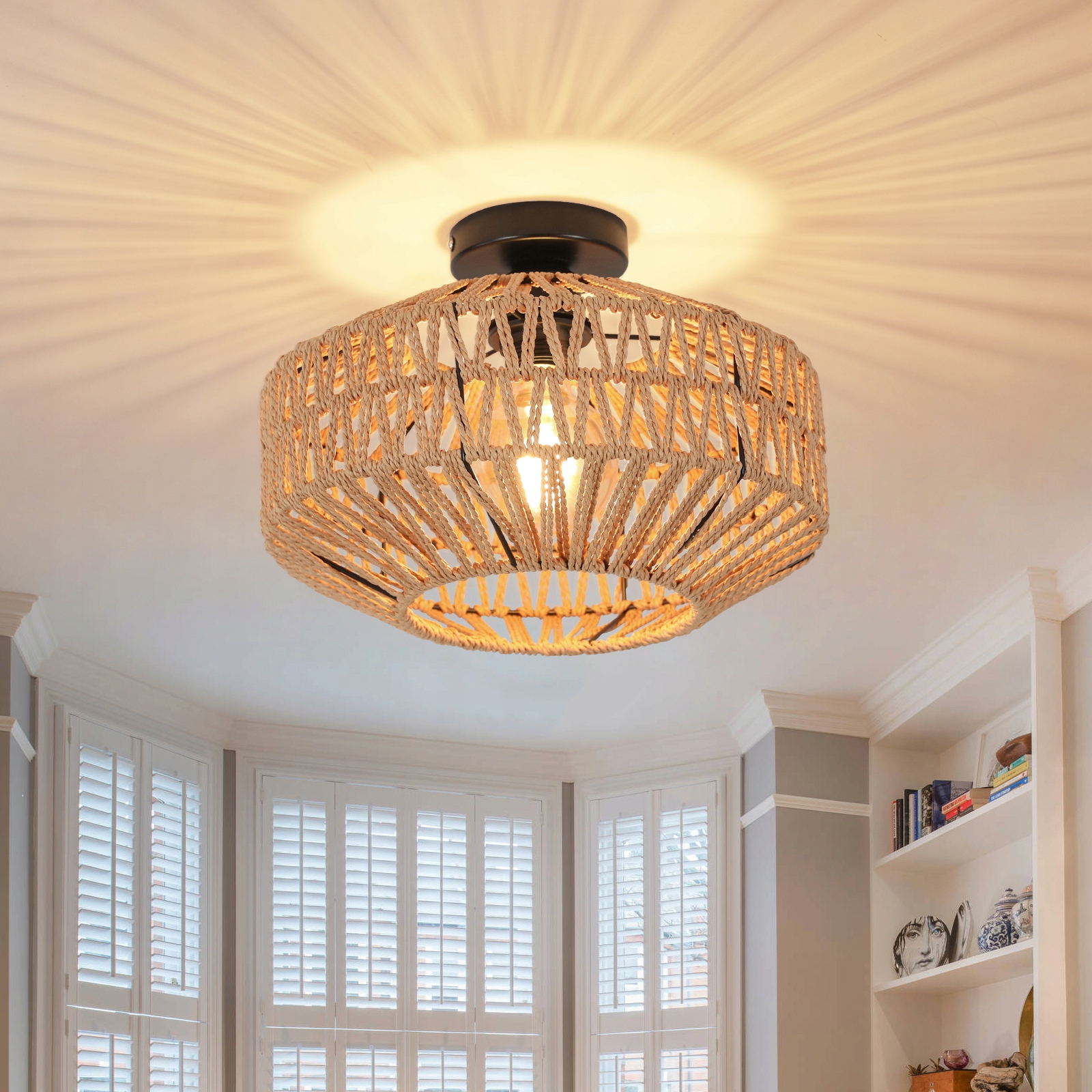 Lampa Sufitowa E27 Żyrandol Wiszący Czarny+rattan Retro Loft Do Salonu