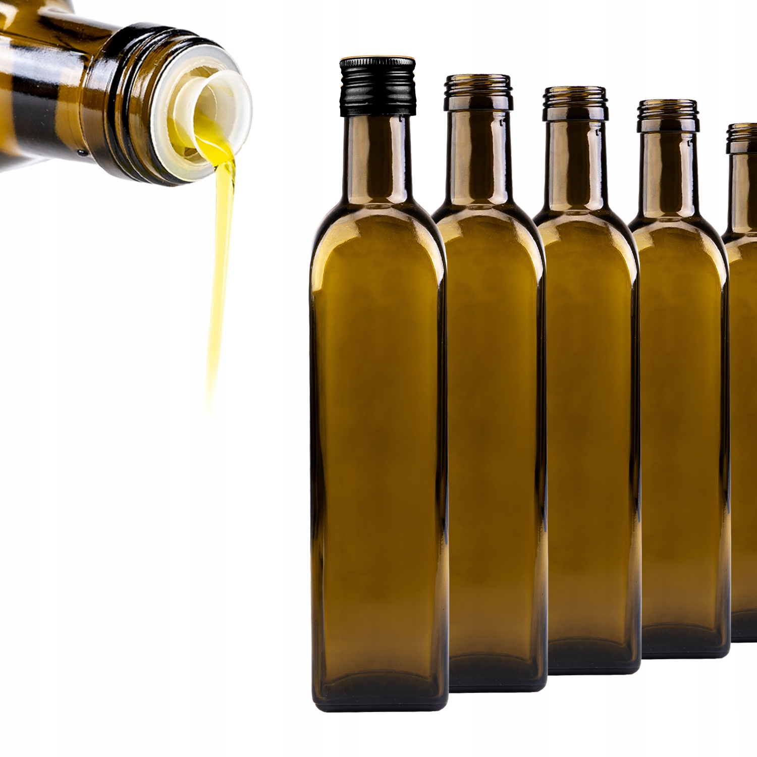 40 x skleněné lahve Marasca 500 ML Olivová S Dávkovačem na alkohol a olej