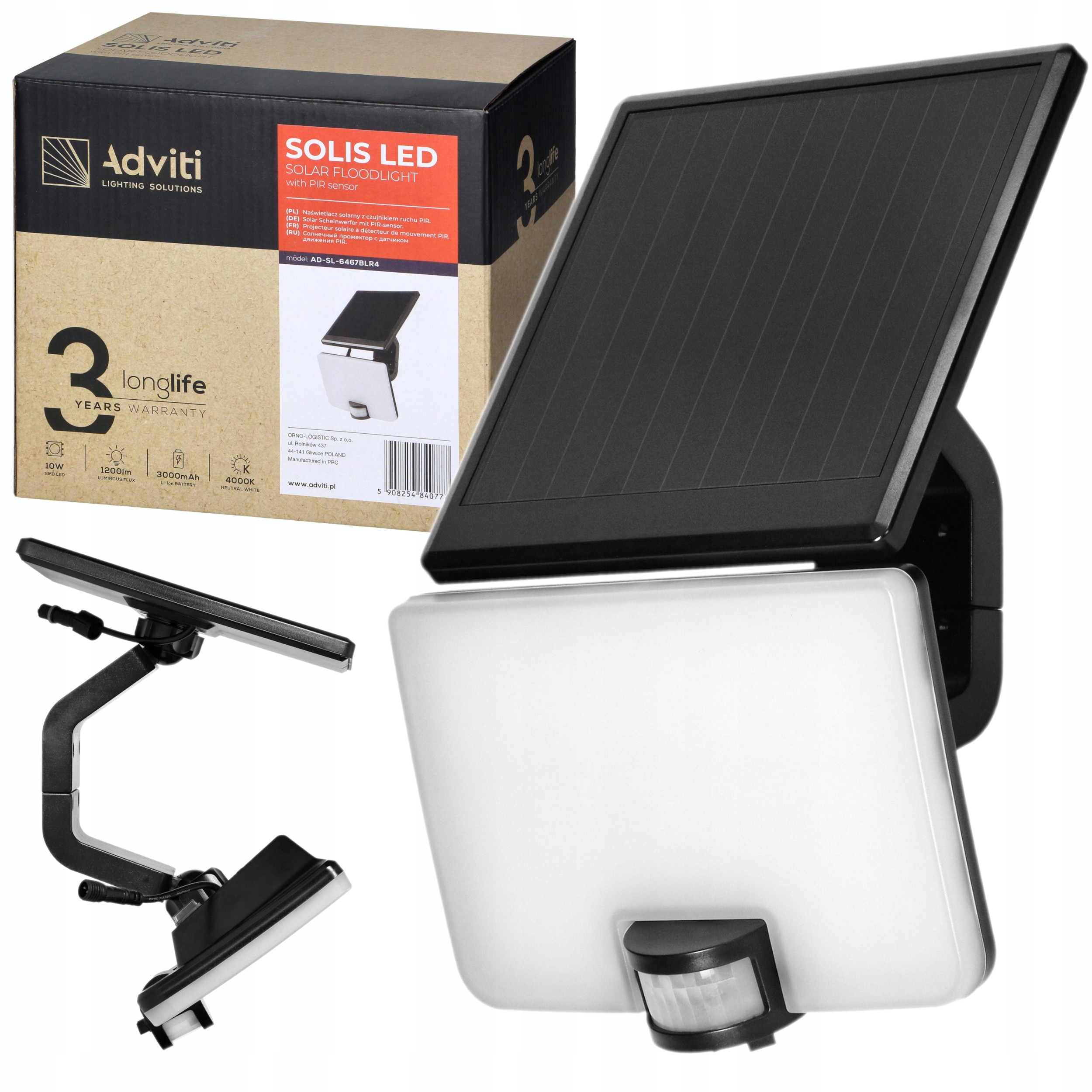 Lampa Solarna Ogrodowa Led z Czujnik Ruchu Zmierzchu Akumulator 10W IP54