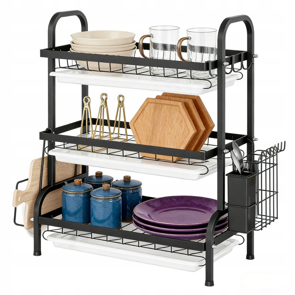 Sušička Na Nádobí Tříúrovňová Stojící Černá Odkapávač Talíře Umění