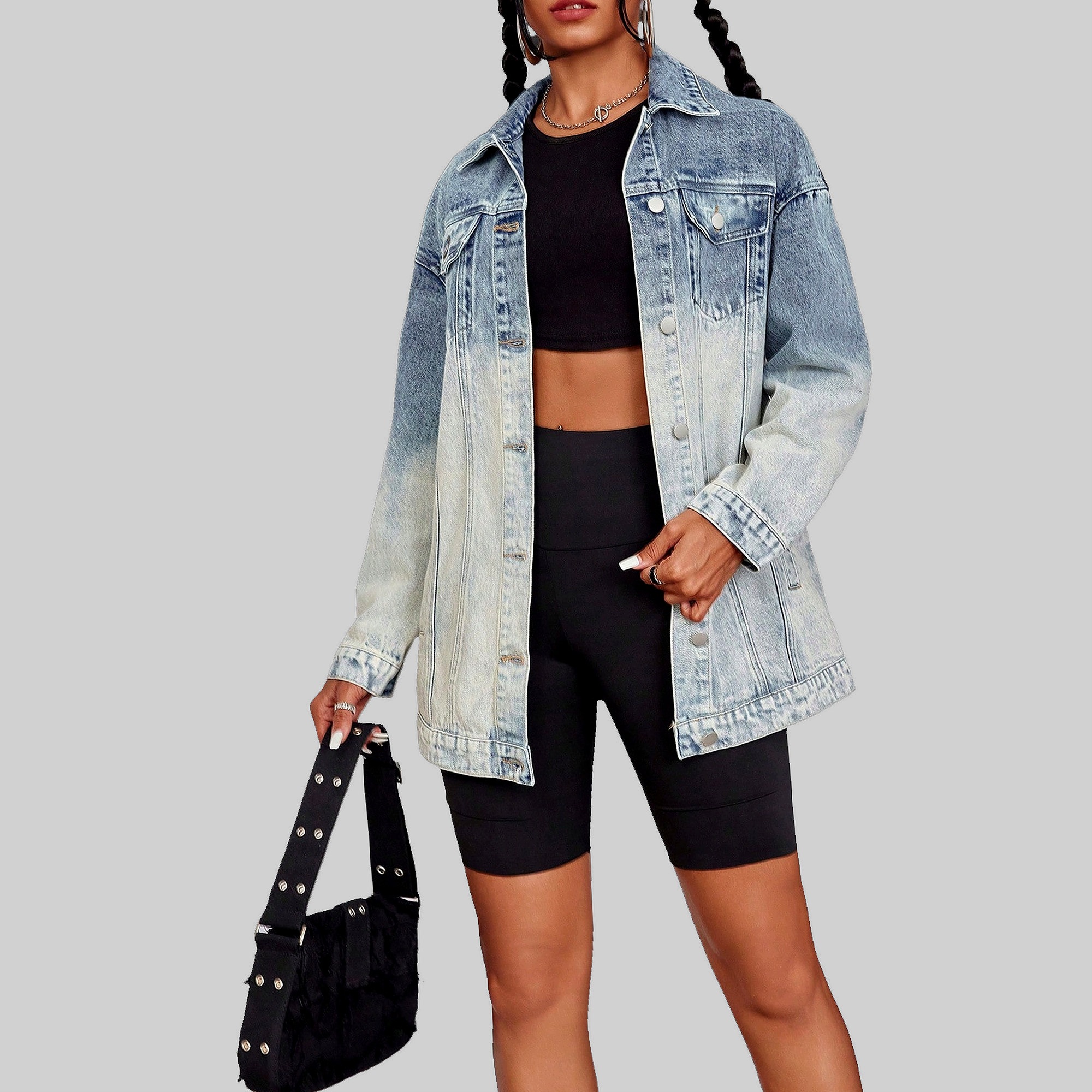 Džínová Bunda Volná Ombre Modrá Casual Shein M 38
