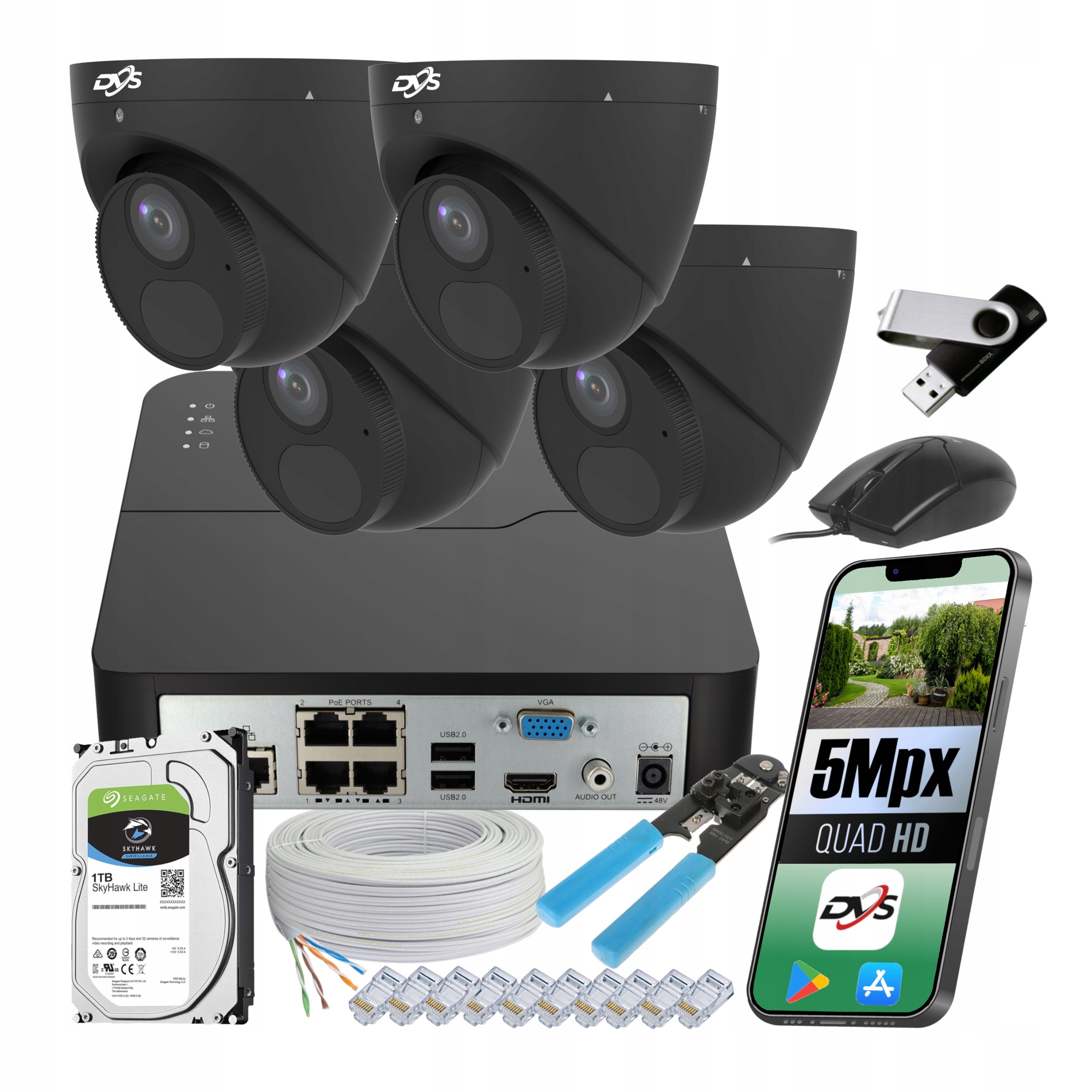 Monitorovací Sada 4 Ip Kamer 5MPX Poe Kovové Černé Smart Dvs Dům Firma