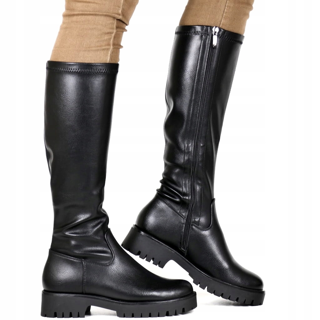 Černé Boty Ke Kolenům Kozačky Kozačky Na Silné Podrážce, Pohodlné A Stabilní