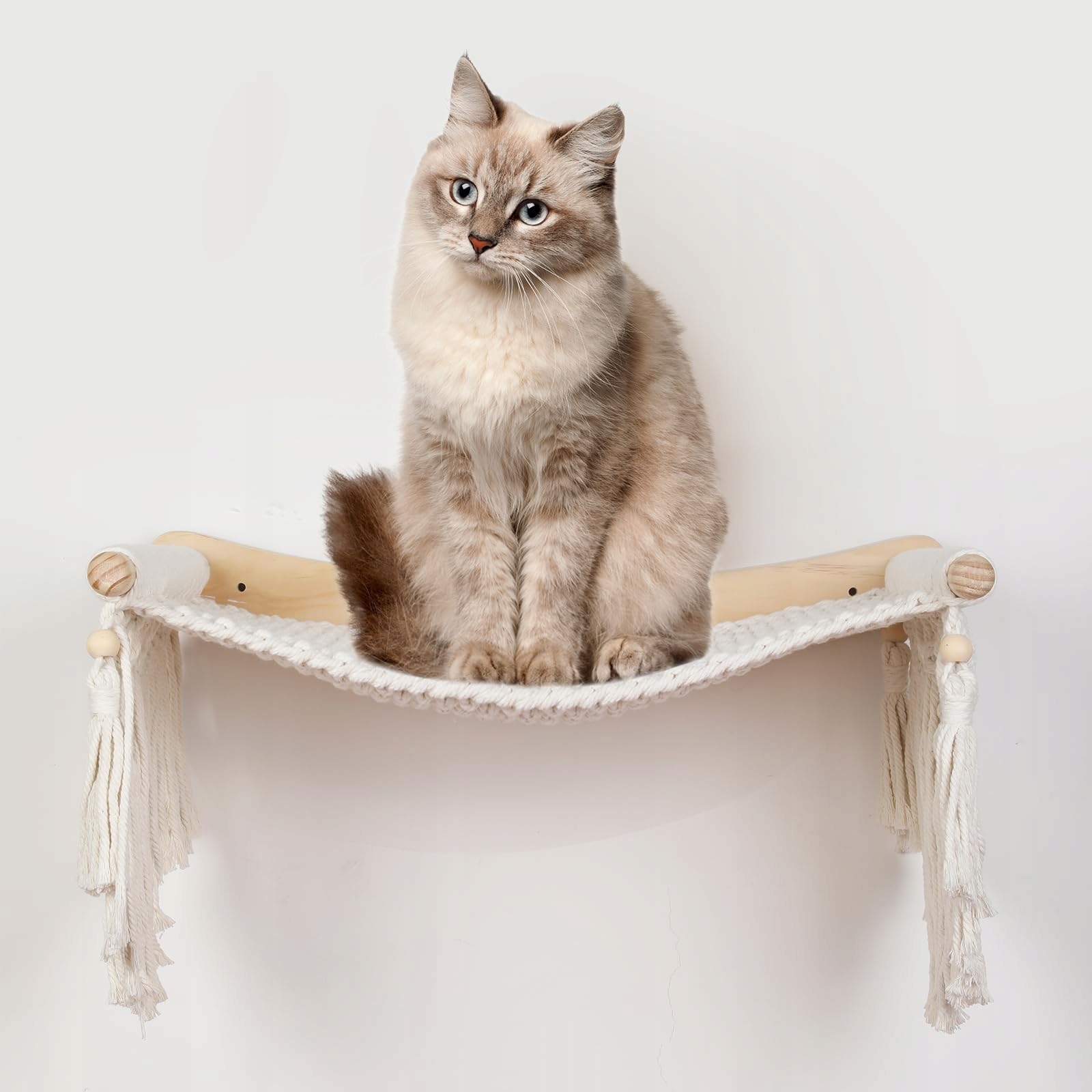 MAKRAMEE KOTY WISZĄCA PÓŁKA I HAMAK DLA KOTA DO 136 KG BEŻOWY BIAŁY — miniatura 7