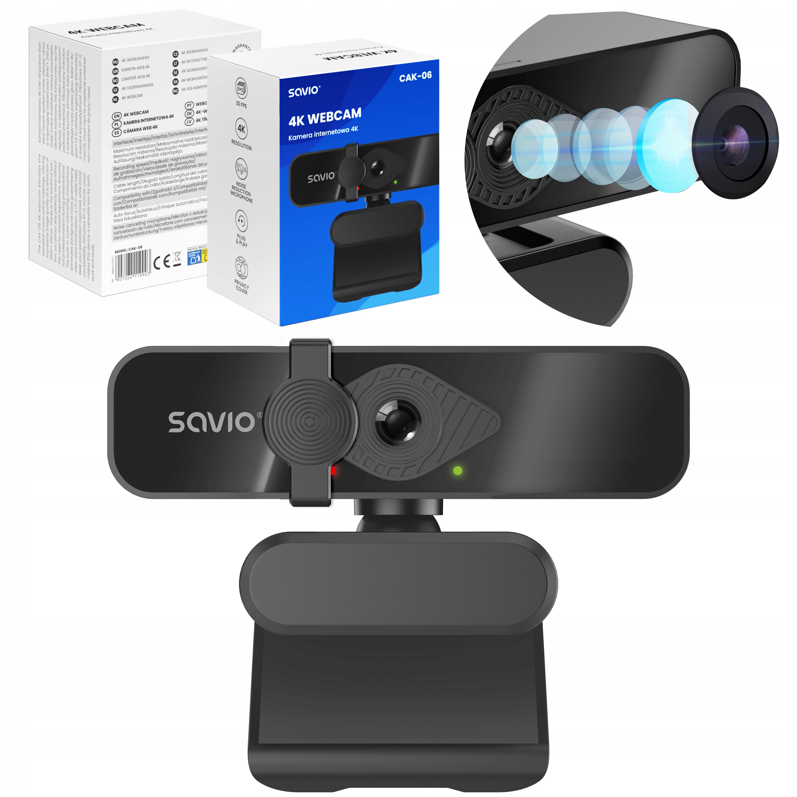 4K webová kamera Savio CAK-06 Mikrofon Redukce šumu Kryt Usb