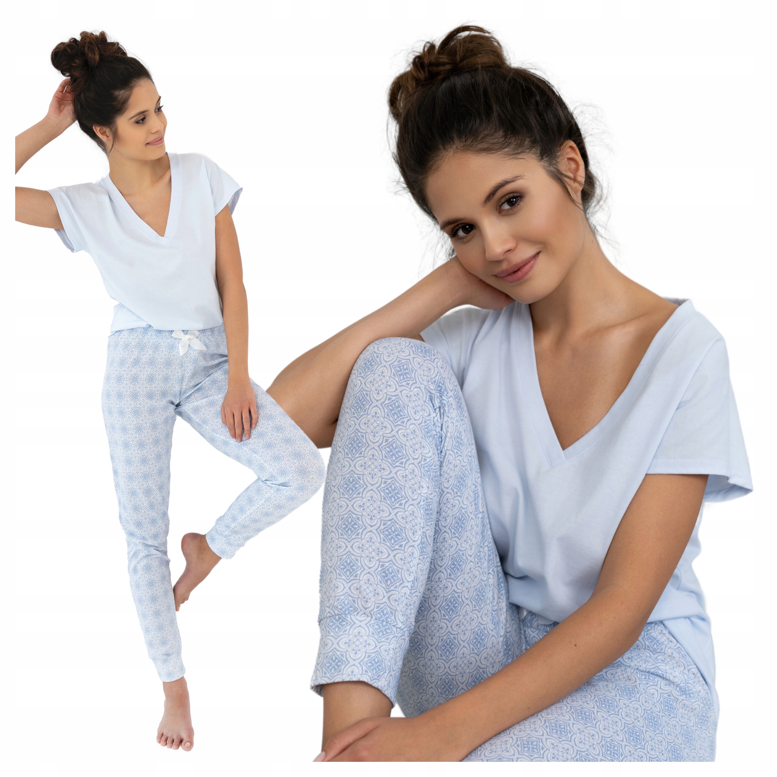 Dámské pyžamo Bavlna 100% Polsko Dlouhý výstřih V Soft M Evelina Modrá