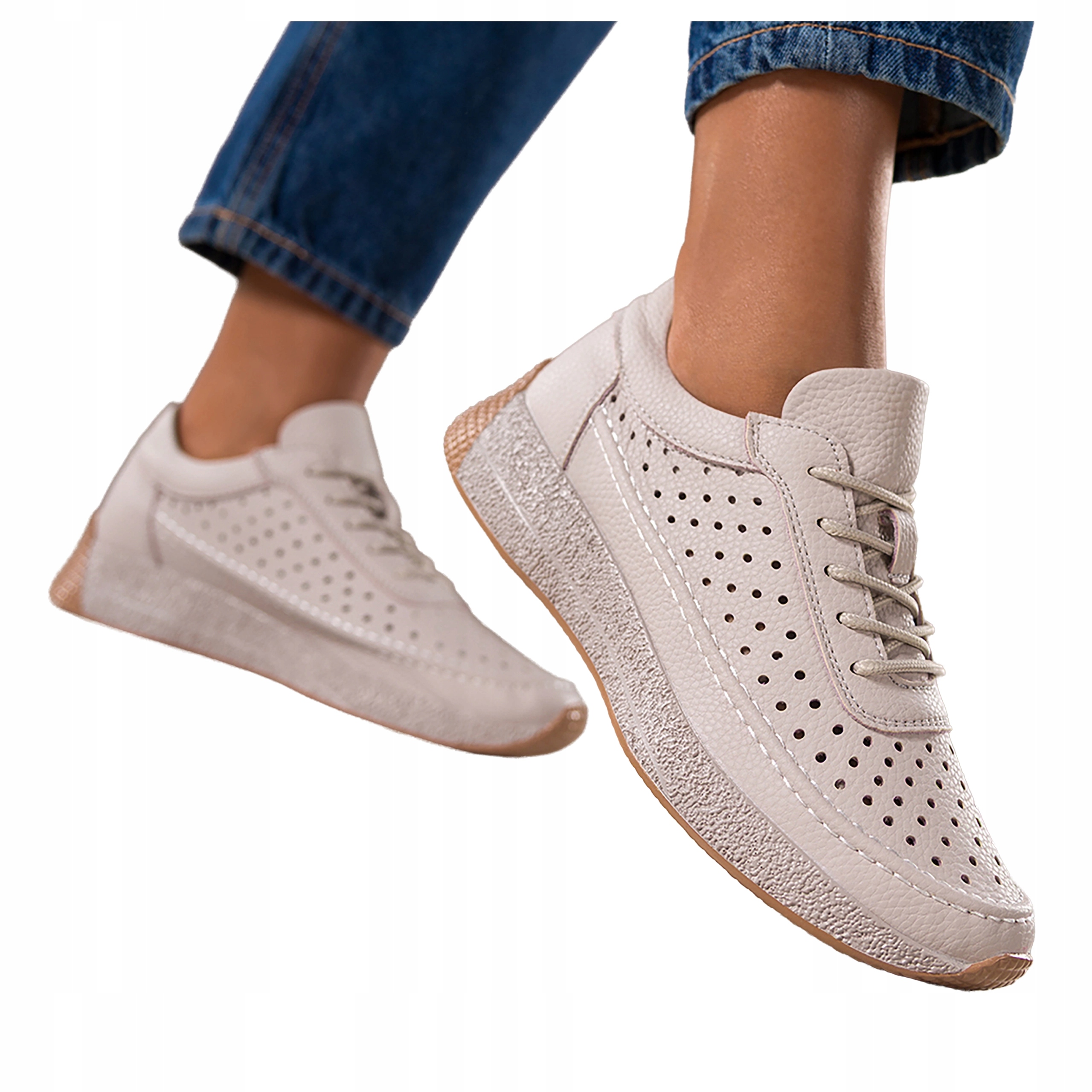 Béžové dámské ažurové šněrovací tenisky na platformě Kožené, velikost 38