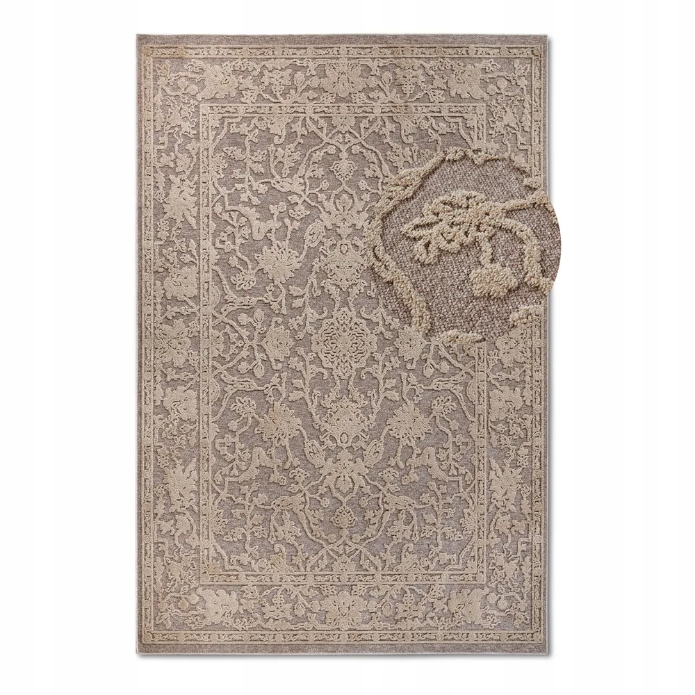 Koberec do obývacího pokoje o rozměrech 160 x 230 cm, klasický 3D reliéfní béžový vzor