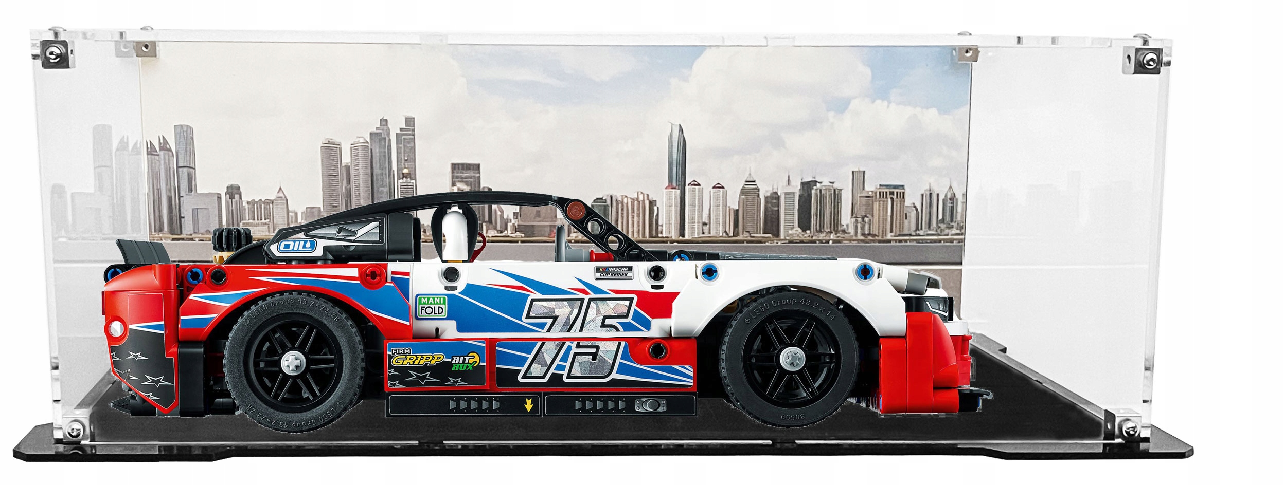 Vitrína s černou základnou a pozadím pro sadu Lego 42153 Chevrolet Camaro ZL1