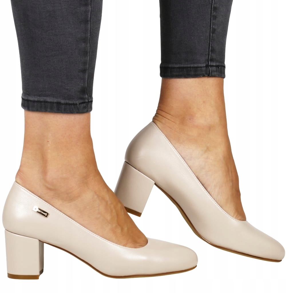 Czółenka Półbuty Na Słupku Klocku Cieliste Beżowe Coffe