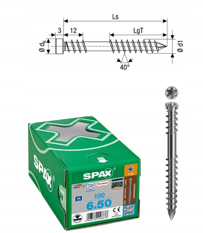 Spax Šrouby do dřeva Spax-D 6 x 50 A4 Tx 100 ks