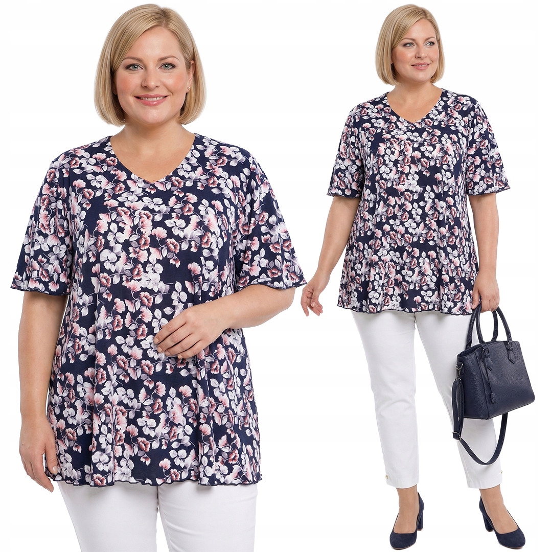 Tmavě modrá halenka se vzorem růžových květů a velikostí velikost 56/58