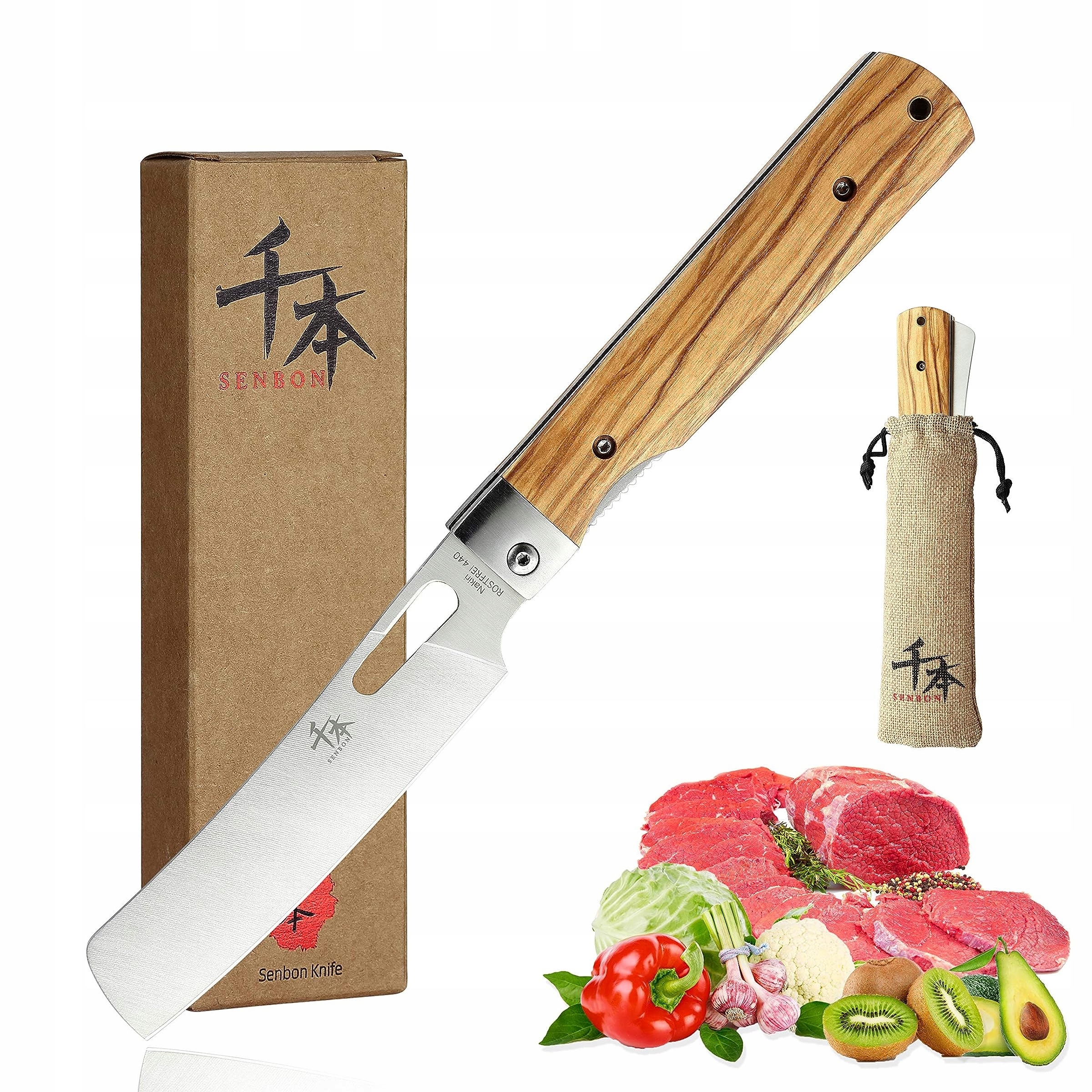 Kuchyňský skládací nůž Senbon 440A z olivenholzu 12 cm pro domácnost i venkovní použití