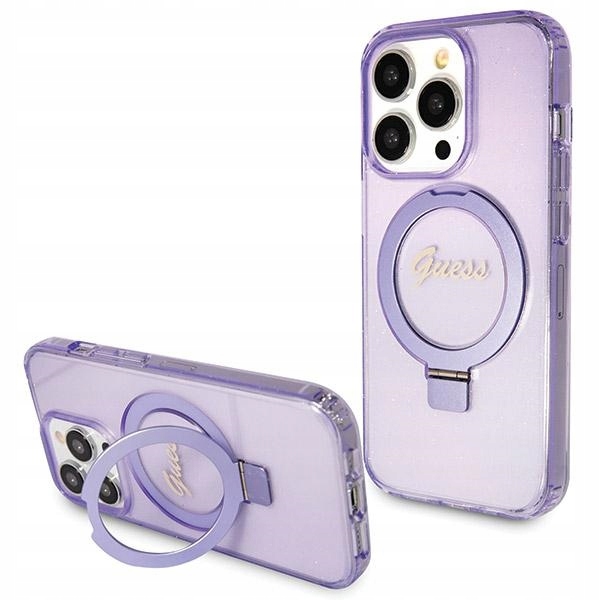 Pouzdro pro iPhone 14 Pro Max Guess Ring Stand Script Glitter MagSafe Fialové