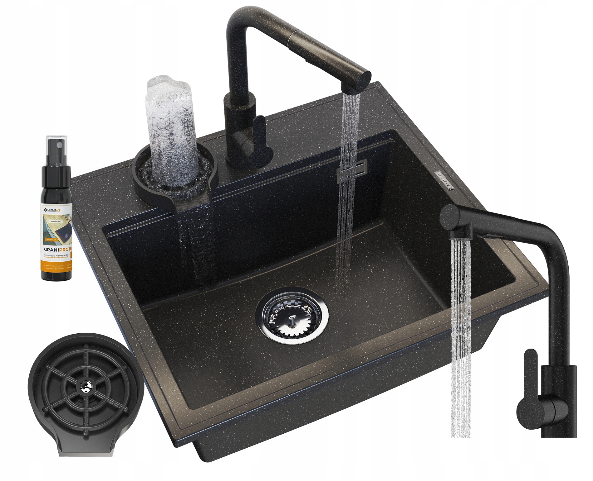 Granitový Drez Čierny, Jedna Komora Kuchynský Kohútik Umývačka Sifón Set Foxal