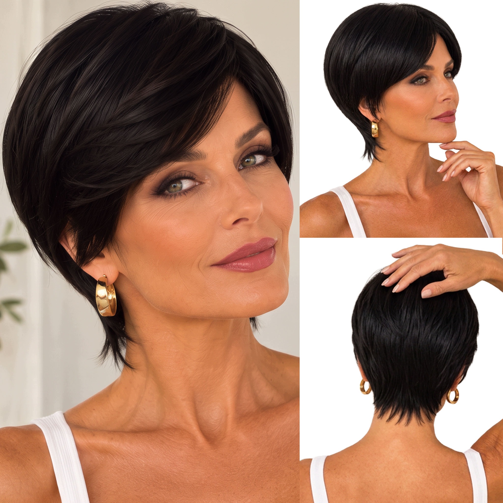 Peruka Syntetyczna włosy sztuczne Pixie cut krótka prosta cieniowana czarna