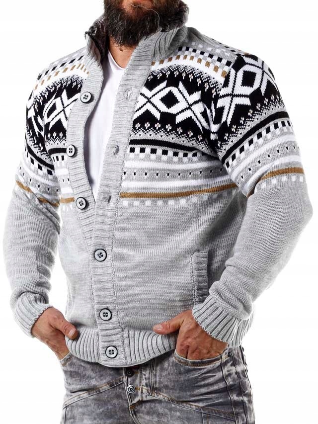 Pánský svetr kardigan norský vzor silný teplý stojáček.