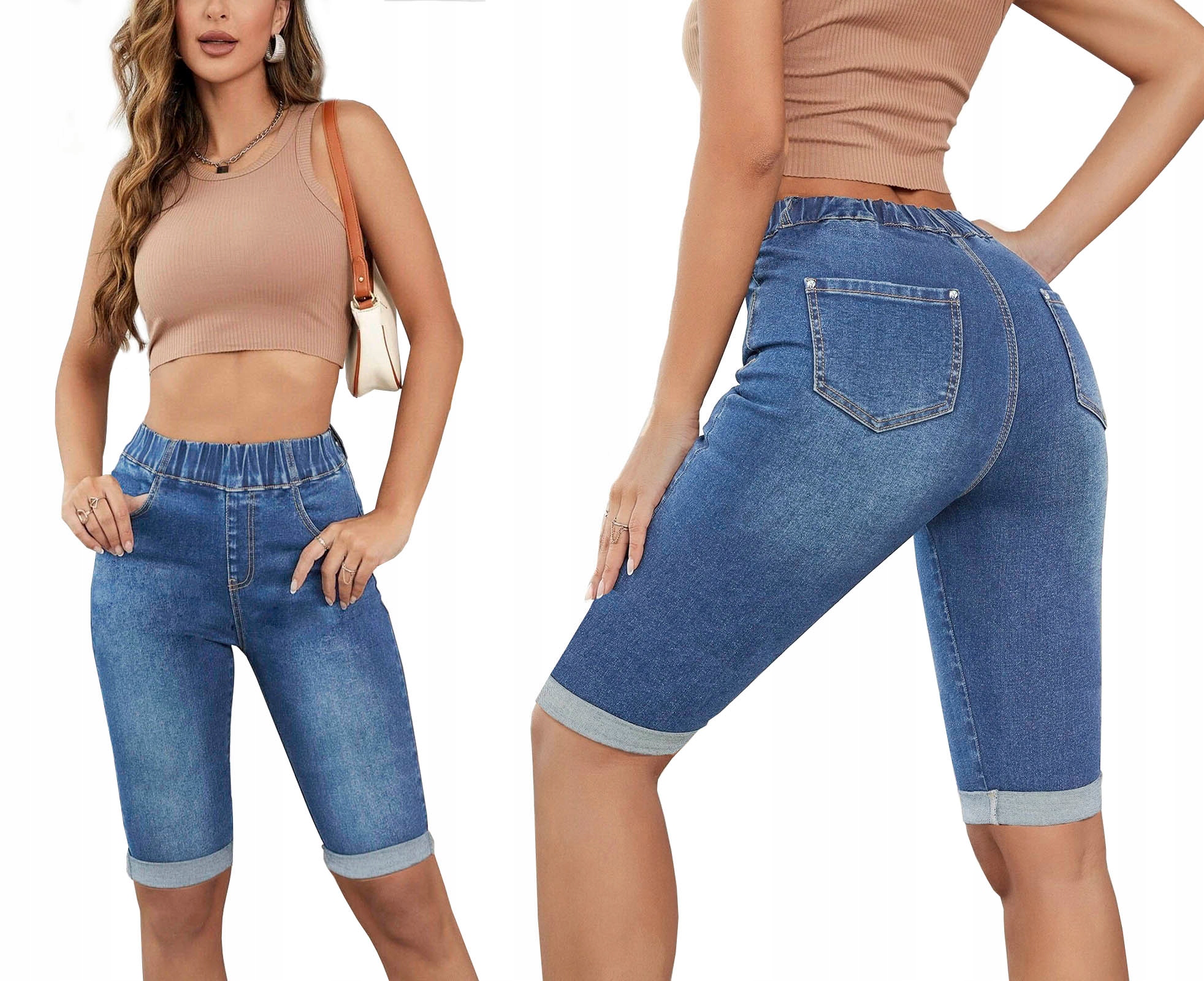 RYBACZKI SPODENKI DAMSKIE DO KOLAN NA GUMIE DUŻE ROZMIARY JEANSOWE SZORTY