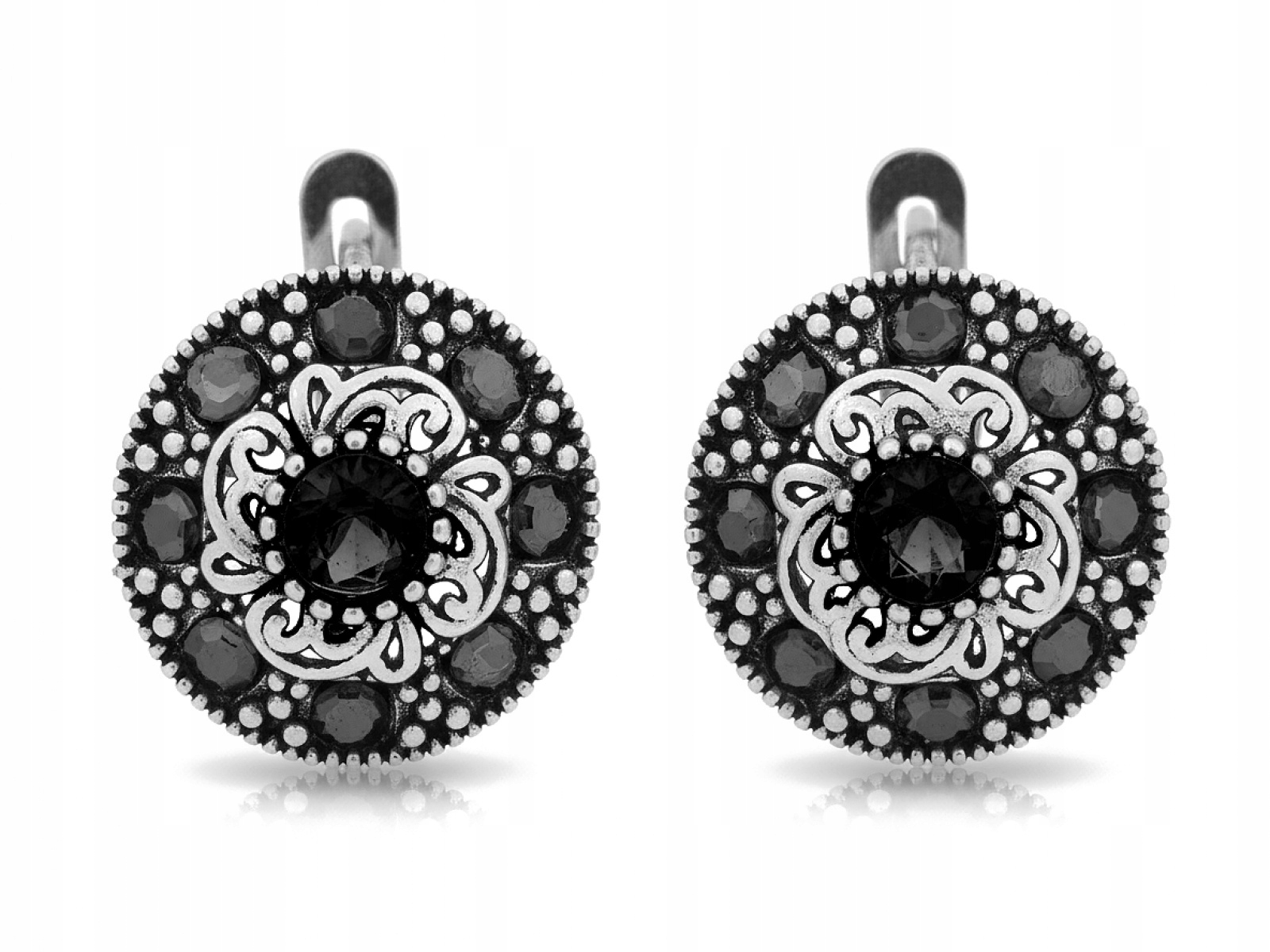 Stříbrné náušnice pro ženu 925 Květina černé zirkony anglické stylové