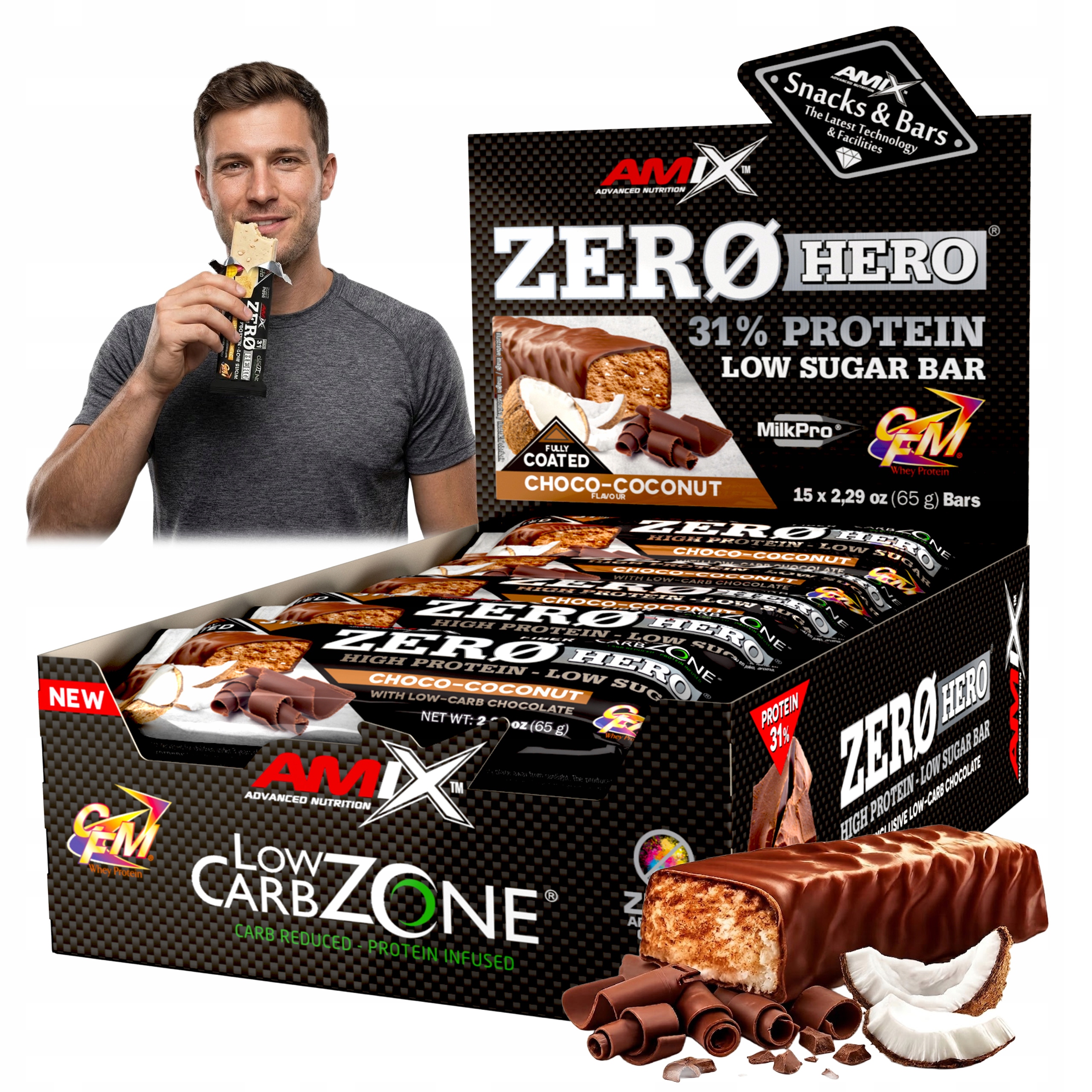 Batony Proteinowe Bez Cukru 20g Białka Zero Hero Amix Czekolada Kokos