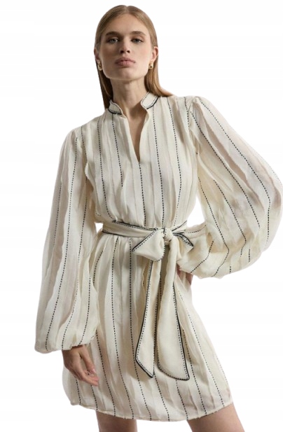 Karen Millen Šaty Mini S Páskem A Pruhovaným Stojáčkem Béžová 38 B1F