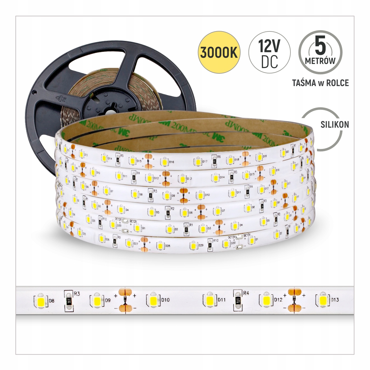 

Taśma 60LED 12V DC 2835 3000K 6W/m Silik CRI90 /5m