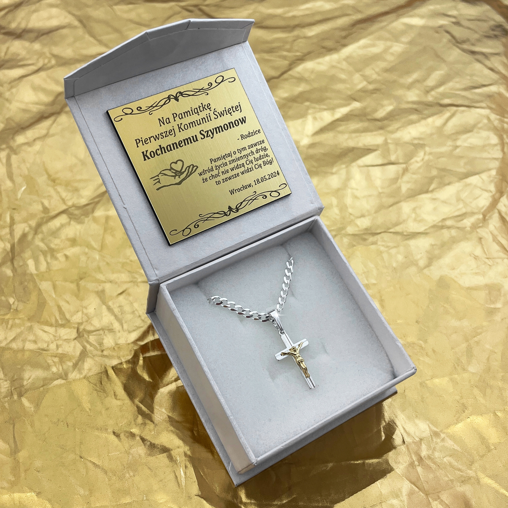 SREBRNY ŁAŃCUSZEK KOMUNIJNY Z KRZYŻYKIEM PRÓBA 925 + GRAWER GRATIS CHRZEST Marka Golden Celebrity