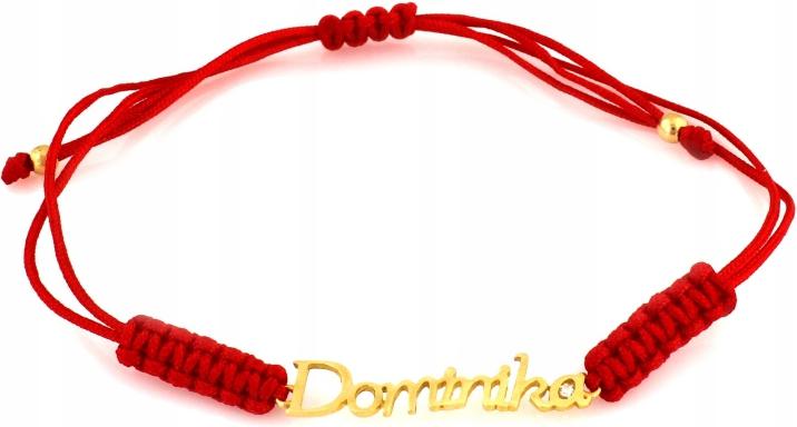 Zlatý provázkový náramek 585, přívěsek, jméno Dominika, červená šňůrka