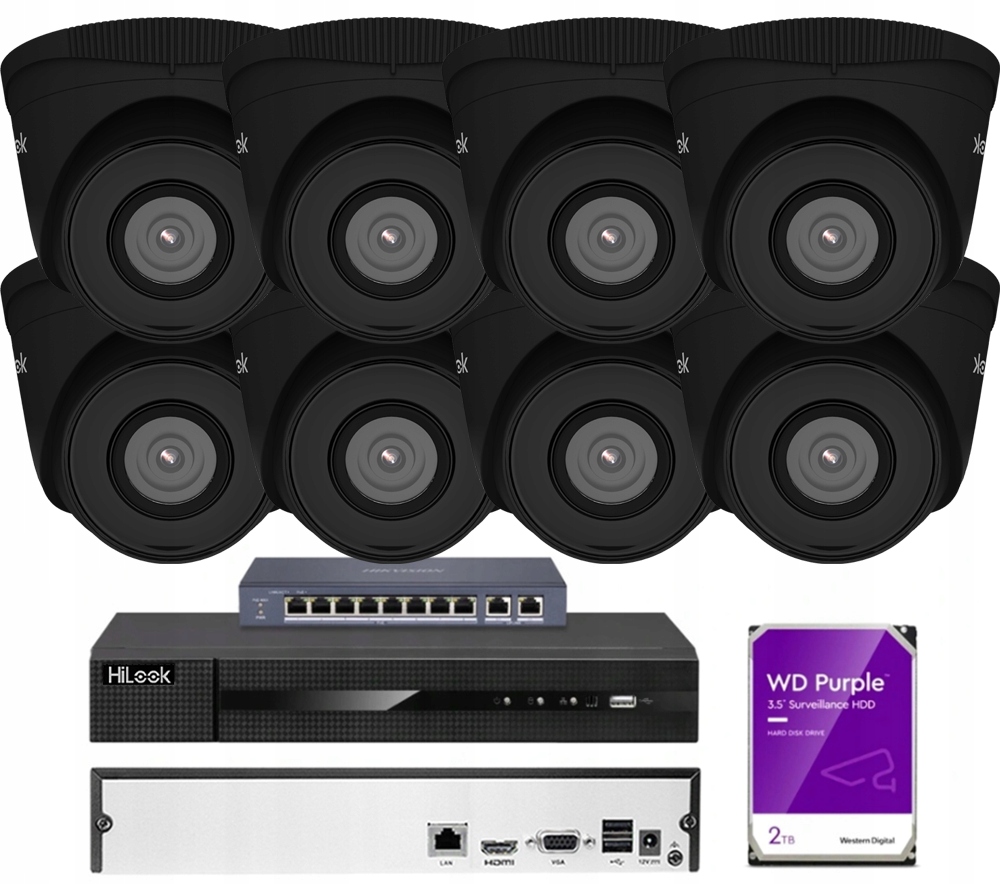 Sada monitoringu 8 kamier 4Mpx IPCAM-T5 Black rekordér 2TB HiLook