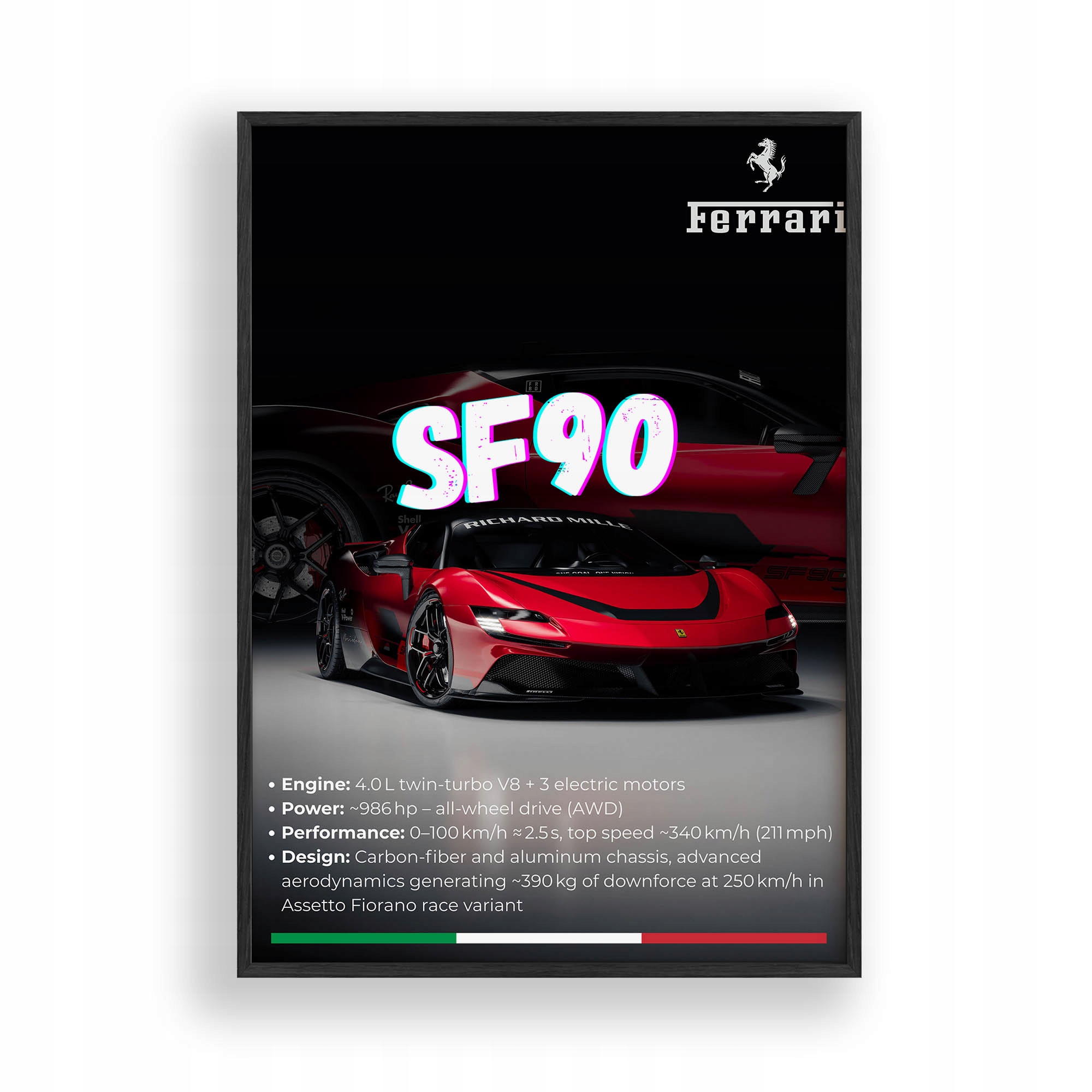 Obraz Auto Ferrari SF90 Stradale Plakát Rámeček Dřevěný Černý 30x42 cm