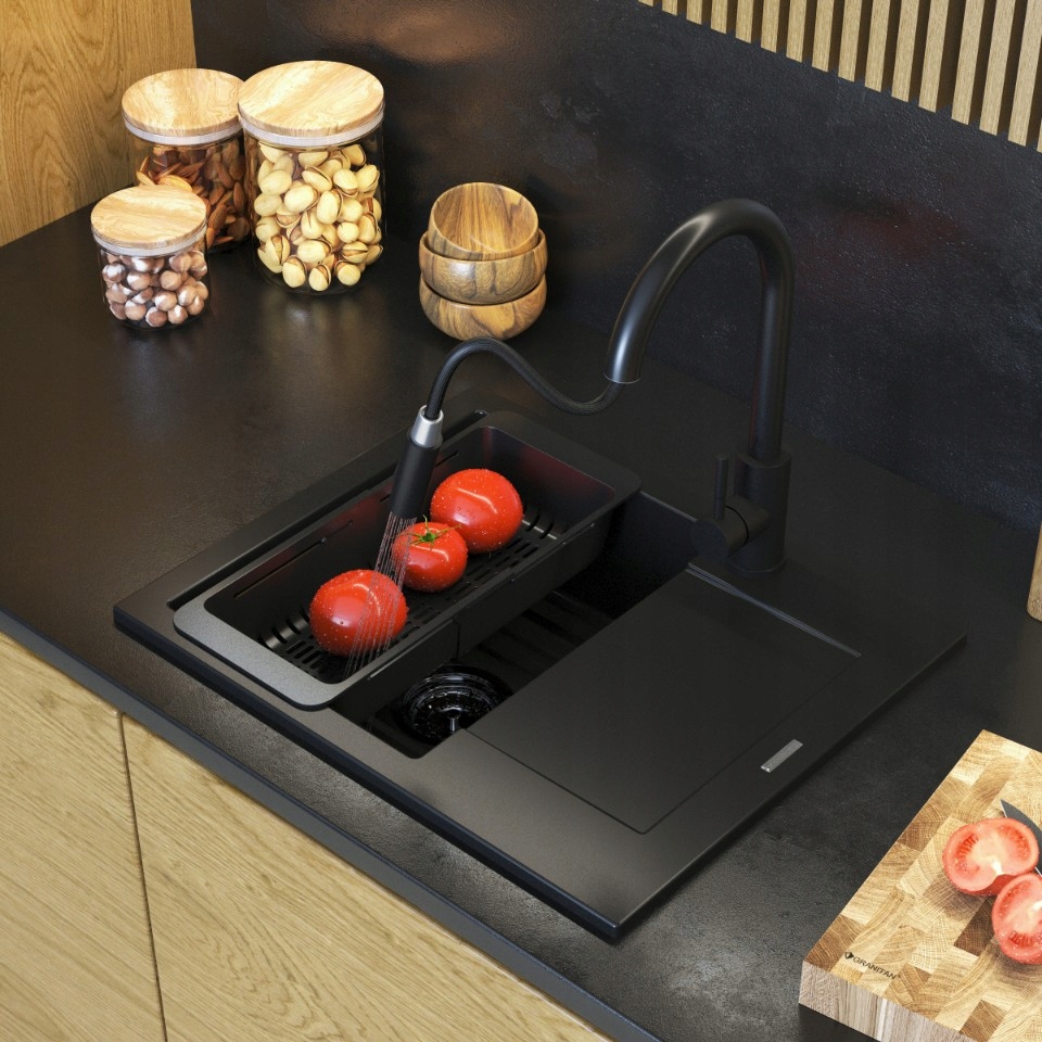 ZLEWOZMYWAK granitowy czarny jednokomorowy BELLO Zlew Syfon chrom Linia Bello