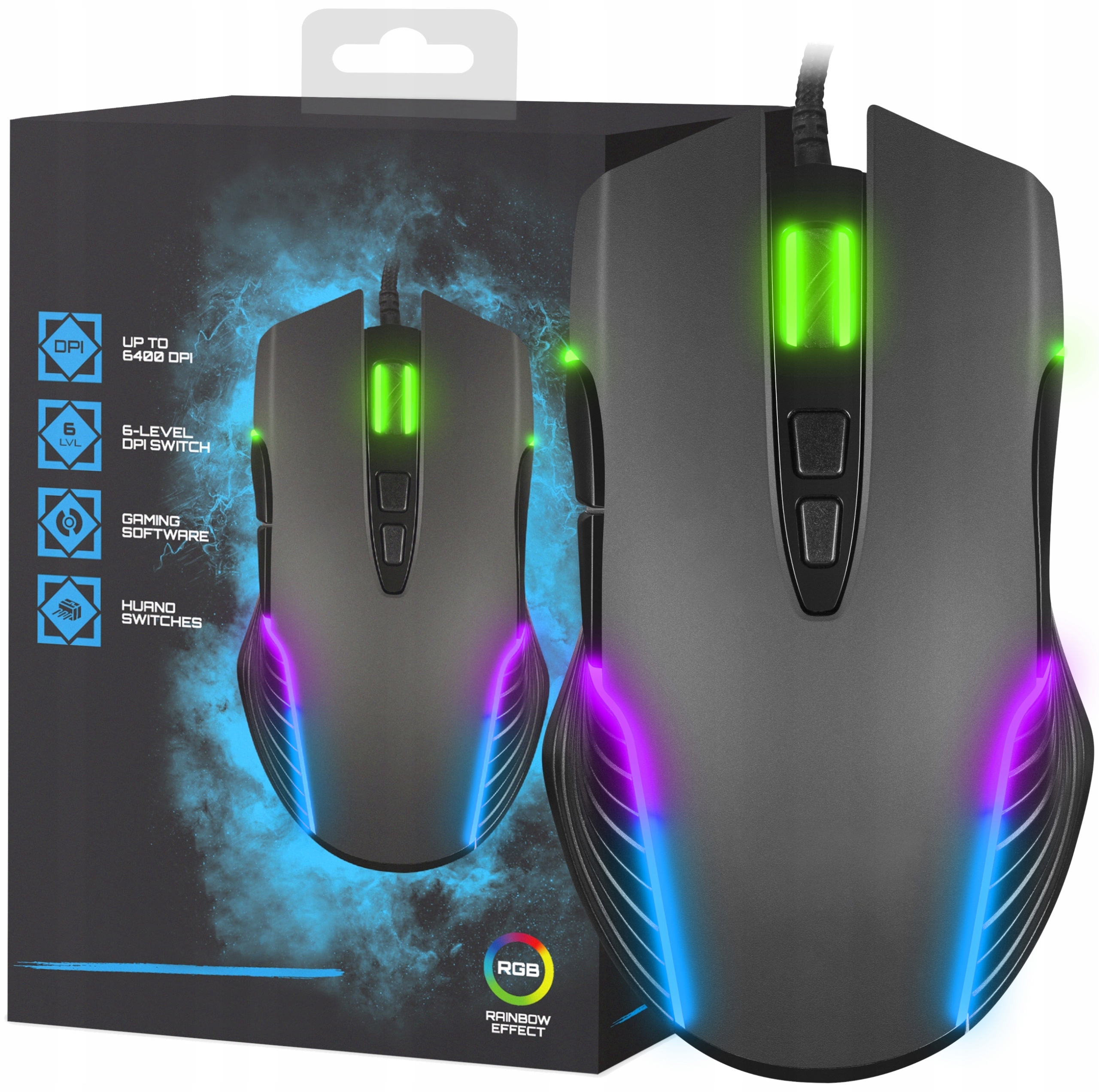 Mysz przewodowa optyczna 6400 dpi z podświetleniem RGB czarna