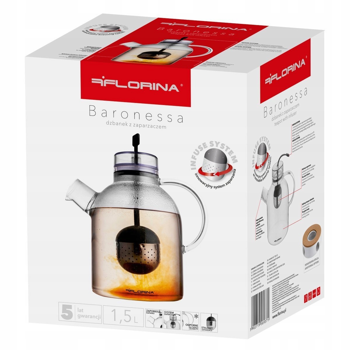 DZBANEK Z ZAPARZACZEM BARONESSA 1,5l + PODGRZEWACZ BIAŁY Materiał szkło