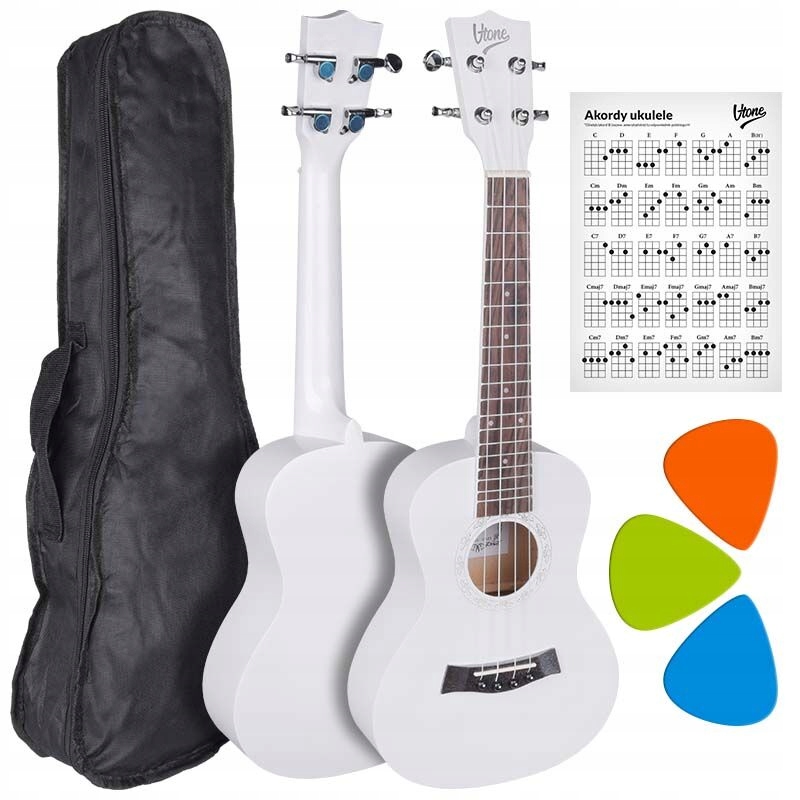 Ukulele Dla Dzieci Białe Zestaw Do Nauki Gry Pokrowiec Kostki Akordy
