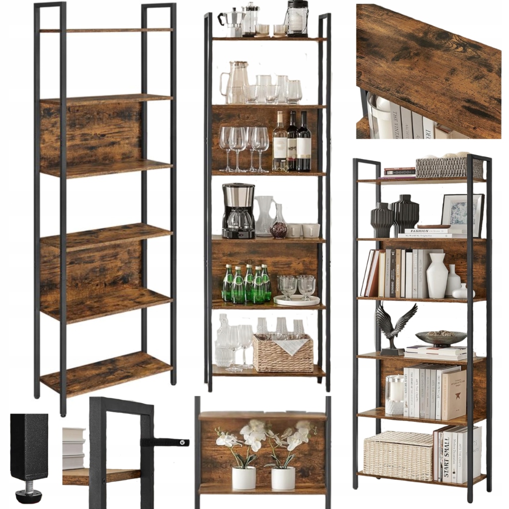 Regál Vysoký Industriálny 180 cm Loft Vintage na knihy Veľká otvorená polica